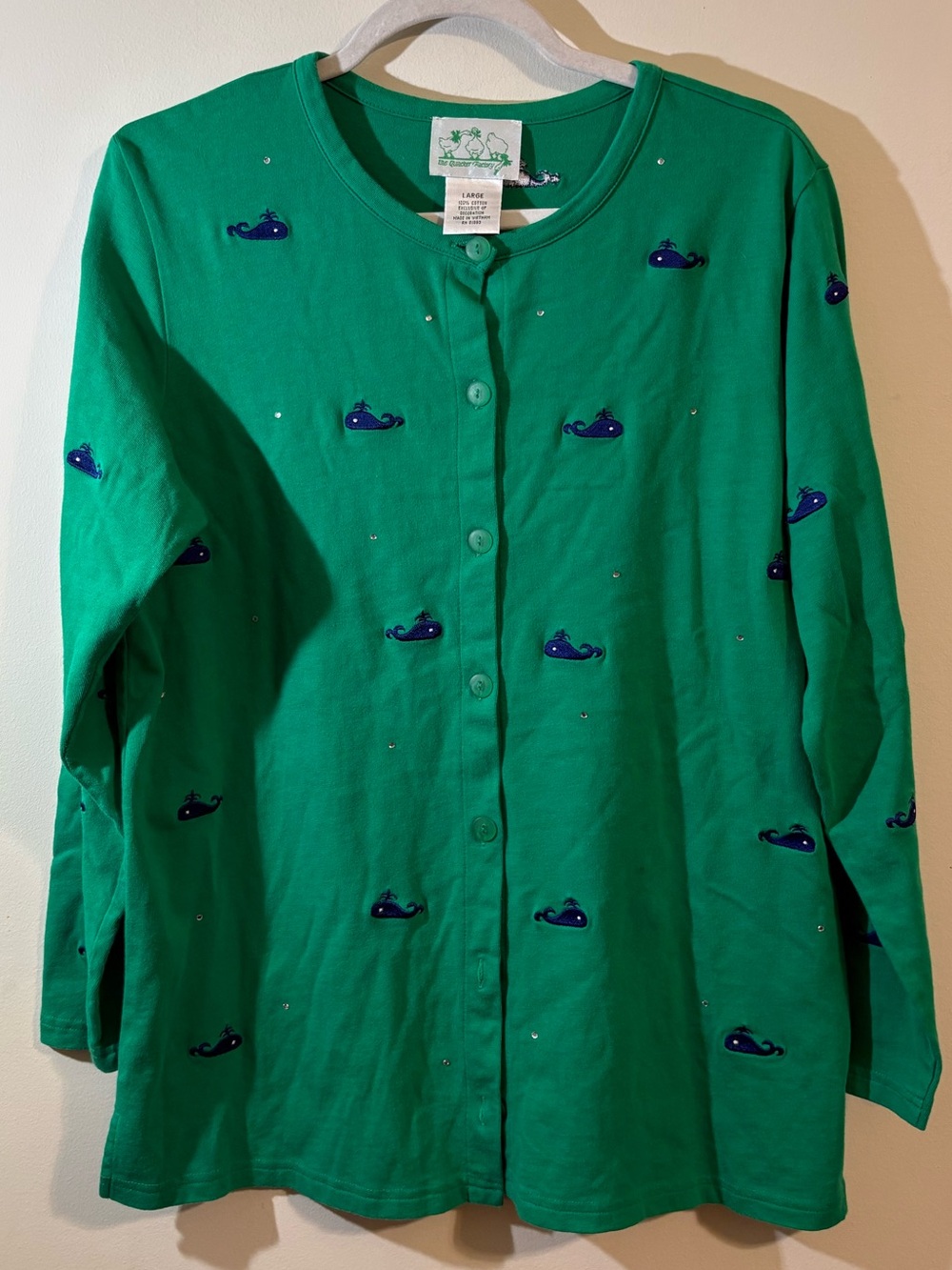 Quacker Factory cardigan women’s Large green navy embroidered whale button front